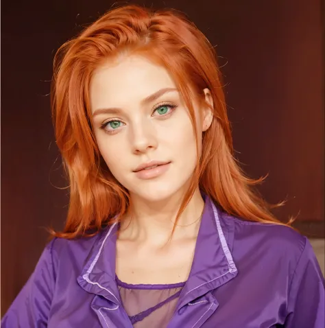 A beautiful woman, red-haired, extremely realistic, sexy, Sensual,  green eyes, purple clothes