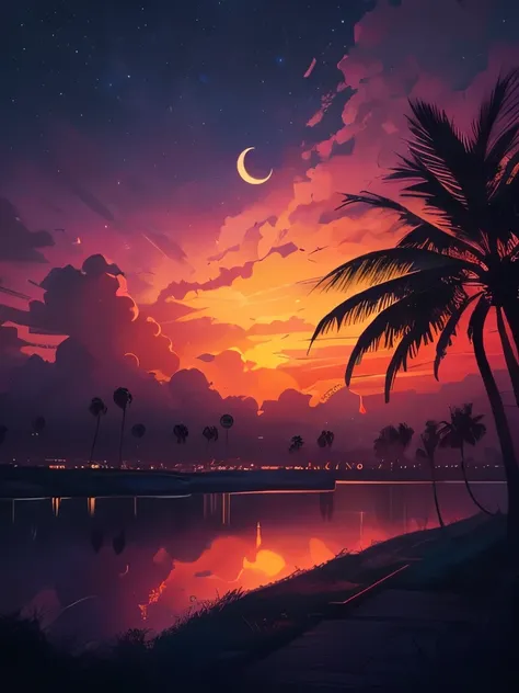 a colorful sunset with palm trees and a crescent, vector art by Alena Aenami, instagram, aestheticism, dreamy night, ☁🌪🌙👩🏾, colorful skies, mystical night, ✨🕌🌙, night colors, colorful night sky, night background, colorful sky, fantasy and dreams vibes, col...