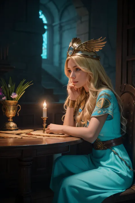 Sits at the table, blond hair, Mesoamerican girl, priestess, valkyrie style, light blue cassock with blond embroidery, winged helmet on the head, scroll at the table with luminous runes, scandinavian, atmospheric scenery of the Game of Throne, masterfully ...