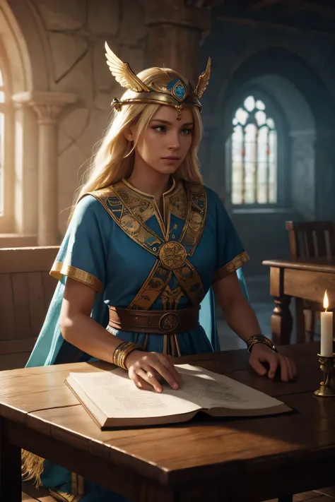 Sits at the table, blond hair, Mesoamerican girl, priestess, valkyrie style, light blue cassock with blond embroidery, winged helmet on the head, scroll at the table with luminous runes, scandinavian, atmospheric scenery of the Game of Throne, masterfully ...