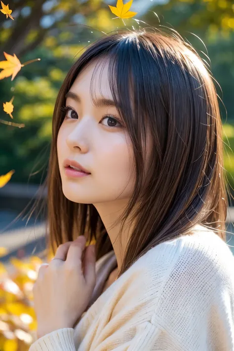 a Japanese beautiful lady, vivid autumn leaves, wind blowing, autumn leaves fluttering, dressed in autumn fashion, looking up at the sky, an autumn leaves on the palm of her hand, face in profile, middle length bright-brown hair, hair fluttering in the win...