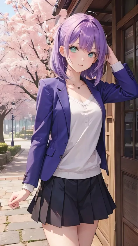 Fille, cheveux courts, purple colored hair, green eyes, habillée normalement, Sakura Wood