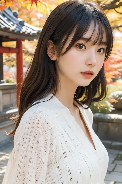 Japanese beautiful girls, chatting with walking, in Japanese temple grounds, dry landscape garden, strong sunlight, vivid autumn red maple leaves, wind blowing, a lot of autumn red maple leaves fluttering, dressed in autumn fashion, looking up at the sky, ...