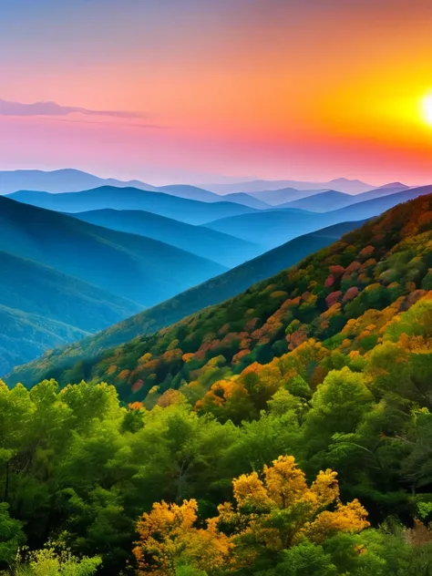 arafed view of a mountain range with a sunset in the distance, sunrise colors, mountains and colorful sunset!!, sunset view, inspired by LeConte Stewart, dusk setting, far view, at sunrise, appalachian mountains, evening sunset, beautiful and spectacular d...