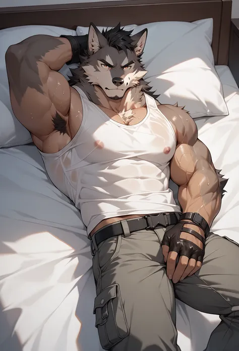 furry, furry male, male focus, tail, 1 boy (: 2.1), wolf, hairy wolf, man, muscular, brown, gray cargo pants, muscular adult mal...