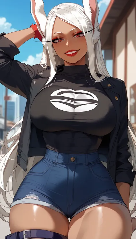  perfect eyes、 perfectly sexy face、ultra detailed、Rumi Usagiyama、 Boku no Hero Academia 、shiny hair、( Big breasts ), black shirt、black jacket、Tight Waist、 thin waist 、 dark blue denim shorts、 Thigh straps 、 shiny skin 、 tanned skin 、Beleza、erotic、Red Eyeli...