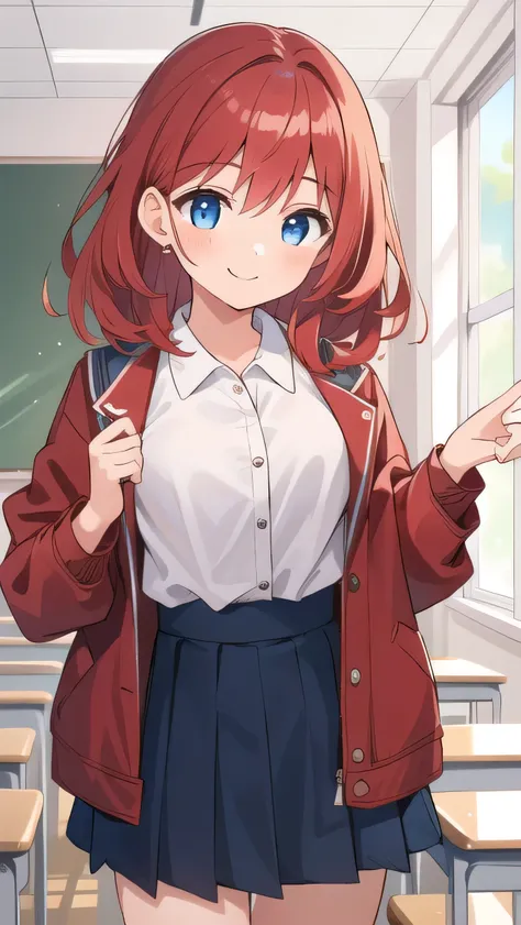 (1girl:1.5), (little female :1.8) ,Big breasts, (red hair:1.3), blue eyes, droopy eyes, (red jacket:1.3), long sleeves, navy skirt, elementary school student, (super big breasts:1.1), (medium hair: 1), baggy clothes, elementary school student, young face, ...