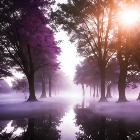 trees in a foggy forest with a puddle of water, purple fog, light purple mist, a mystical misty glow, foggy twilight lighting, extremely beautiful and ethereal, purple mist, foggy morning light, foggy at dawn, misty morning, beautiful and mysterious, glowi...