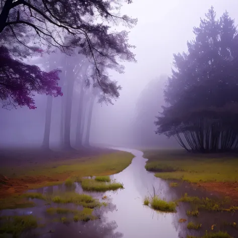 trees in a foggy forest with a puddle of water, purple fog, light purple mist, a mystical misty glow, foggy twilight lighting, extremely beautiful and ethereal, purple mist, foggy morning light, foggy at dawn, misty morning, beautiful and mysterious, glowi...