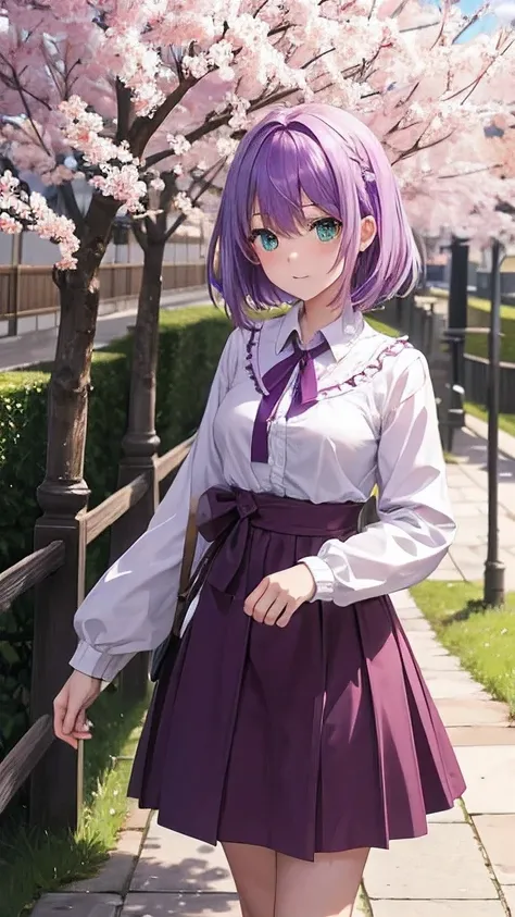 Fille, cheveux courts, purple colored hair, green eyes, habillée normalement, Sakura Wood