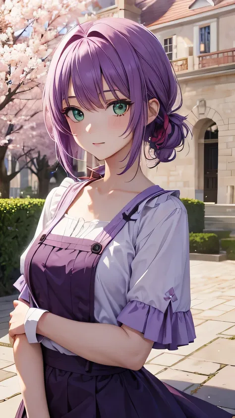 Fille, cheveux courts, purple colored hair, green eyes, habillée normalement, Sakura Wood