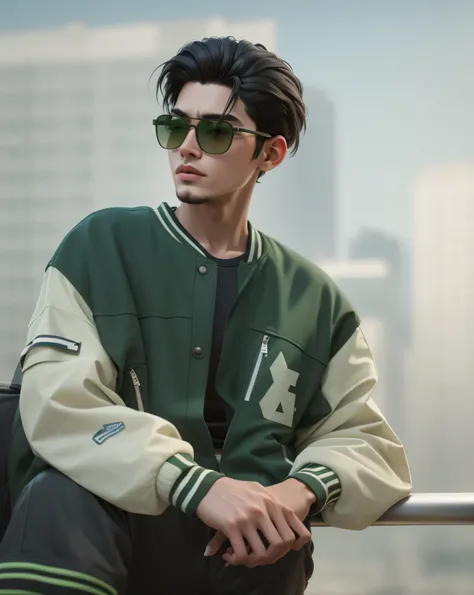 there is a man wearing a jacket and sunglasses sitting on a railing, wearing dark green bomber jacket, wearing a bomber jacket, japanese streetwear, wearing green jacket, green colored bomber jacket, streetwear fashion, profile shot, hypebeast, style of an...