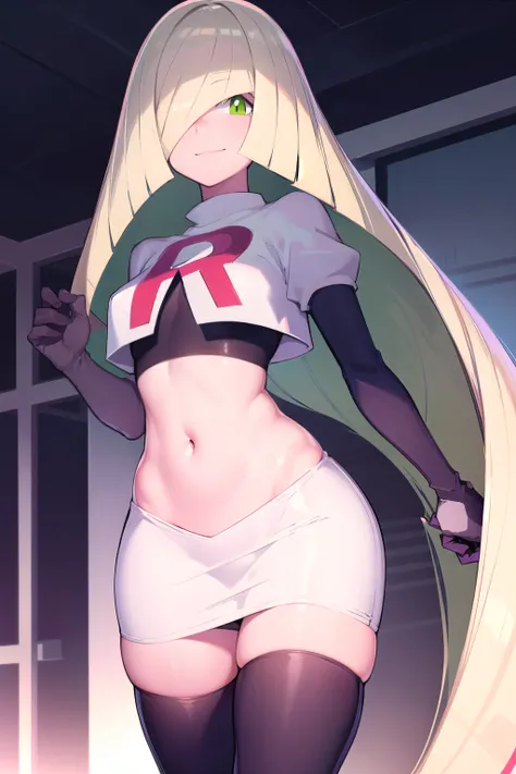 pokemonlusamine, pokemonlusamine, blonde hair, (green eyes:1.5), hair over one eye, long hair, multicolored hair, streaked hair, very long hair, smile,
BREAK  rocket,team rocket uniform,white skirt,red letter R,crop top,black thigh-highs,black elbow gloves...