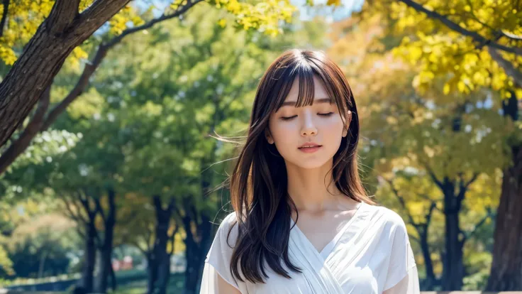 Japanese beautiful girls, chatting with walking, surrounded by trees with autumn leaves, dry landscape garden, vivid autumn leaves, wind blowing, autumn leaves fluttering, dressed in autumn fashion, looking up at the sky, face in profile, eyes closed, feel...