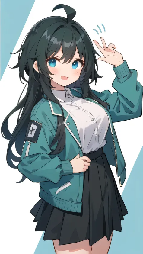 Junior high school student who looks like an elementary school student, , very short, 140 cm tall, black hair with a slight green tinge, short ahoge, beautiful long hair but with a little hair sticking out, beautiful round eyes, blue eyes, smile, boyish, l...