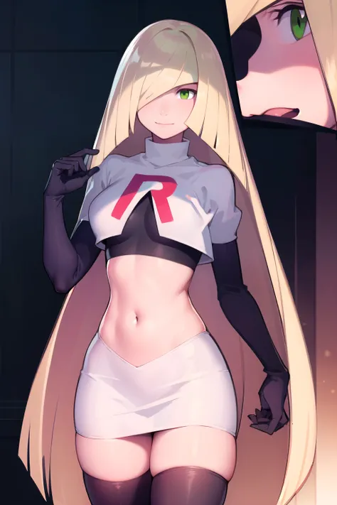 pokemonlusamine, pokemonlusamine, blonde hair, (green eyes:1.5), hair over one eye, long hair, multicolored hair, streaked hair, very long hair, smile,
BREAK rocket,team rocket uniform,white skirt,red letter R,crop top,black thigh-highs,black elbow gloves...