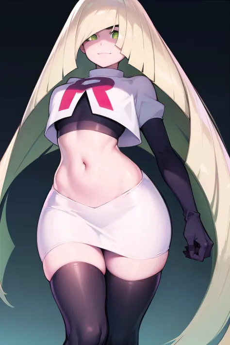 pokemonlusamine, pokemonlusamine, blonde hair, (green eyes:1.5), hair over one eye, long hair, multicolored hair, streaked hair, very long hair, smile,
BREAK  rocket,team rocket uniform,white skirt,red letter R,crop top,black thigh-highs,black elbow gloves...