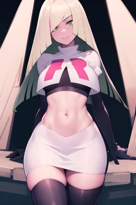 pokemonlusamine, pokemonlusamine, blonde hair, (green eyes:1.5), hair over one eye, long hair, multicolored hair, streaked hair, very long hair, smile,
BREAK rocket,team rocket uniform,white skirt,red letter R,crop top,black thigh-highs,black elbow gloves...