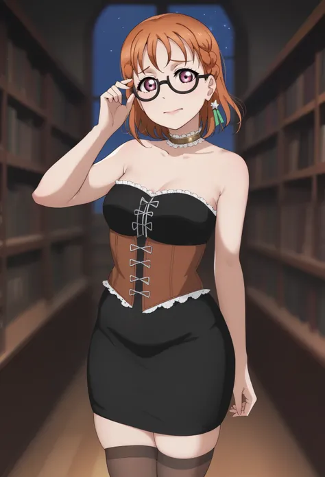 dynamic lighting , love live art style, takami chika , orange hair, medium hair, pink eyes, side braid, circle glasses, corset, pencil skirt,collarbone,neck ring, thighhighs, in black dark library , night , looking at viewer, strapless , adjusting glasses ...