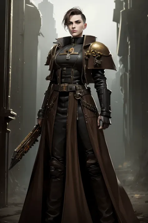 warhammer 40k setting: a h young female noble with very short dark-brown undercut. shaved sides. tomboyish. androgynous. slim. w...