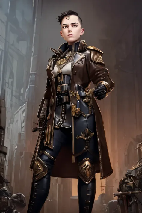 warhammer 40k setting: a h young female noble with very short dark-brown undercut. shaved sides. tomboyish. androgynous. slim. w...