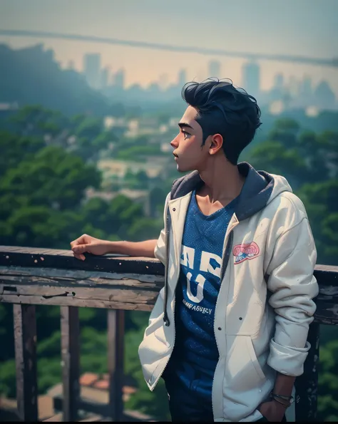 arafed man standing on a balcony looking out over a valley, connected with hanging bridge!!, amidst nature, in front of a forest background, hills in the background, jayison devadas, bokeh in the background only, candid picture, background blur, photograpg...