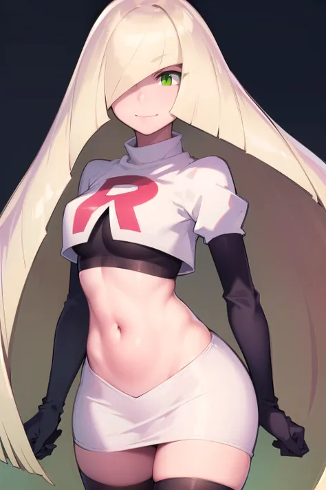 pokemonlusamine, pokemonlusamine, blonde hair, (green eyes:1.5), hair over one eye, long hair, multicolored hair, streaked hair, very long hair, smile,
BREAK rocket,team rocket uniform,white skirt,red letter R,crop top,black thigh-highs,black elbow gloves...