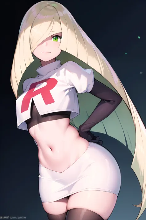 pokemonlusamine, pokemonlusamine, blonde hair, (green eyes:1.5), hair over one eye, long hair, multicolored hair, streaked hair, very long hair, smile,
BREAK rocket,team rocket uniform,white skirt,red letter R,crop top,black thigh-highs,black elbow gloves...