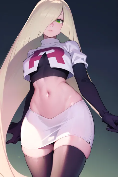 pokemonlusamine, pokemonlusamine, blonde hair, (green eyes:1.5), hair over one eye, long hair, multicolored hair, streaked hair, very long hair, smile,
BREAK rocket,team rocket uniform,white skirt,red letter R,crop top,black thigh-highs,black elbow gloves...