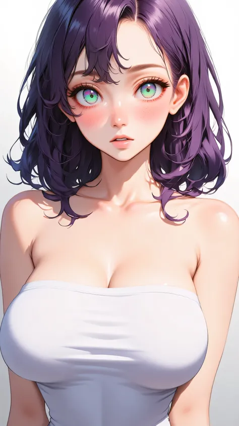 (masterpiece, highres, high resolution:1.2), anime 20 yo girl, portrait, shoulders up, illustration. drawn, violet hair, asian girl, green eyes, blushing, solo, surprised, freckles, big lips, huge breasts, perfect body, wearing a tube top, no hands.