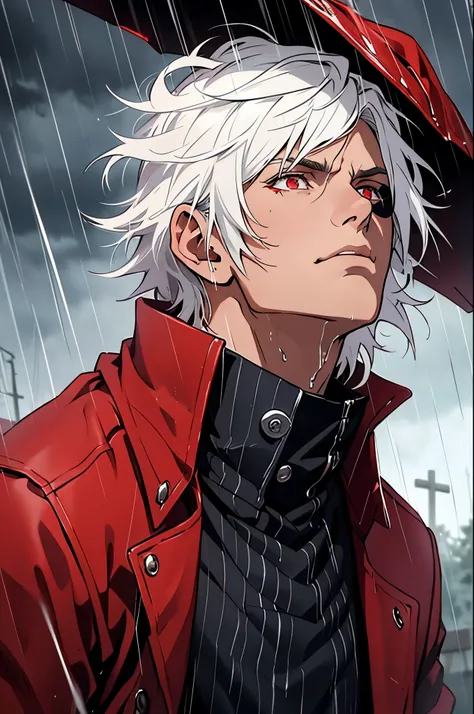 White young man, mid white hair, red eye, using a eye-patch, red coat and a crucifix collar, in the rain, wet hair, wet face, serious and melancolic expression, looking to the sky, rain, dark atmosphere, looking up