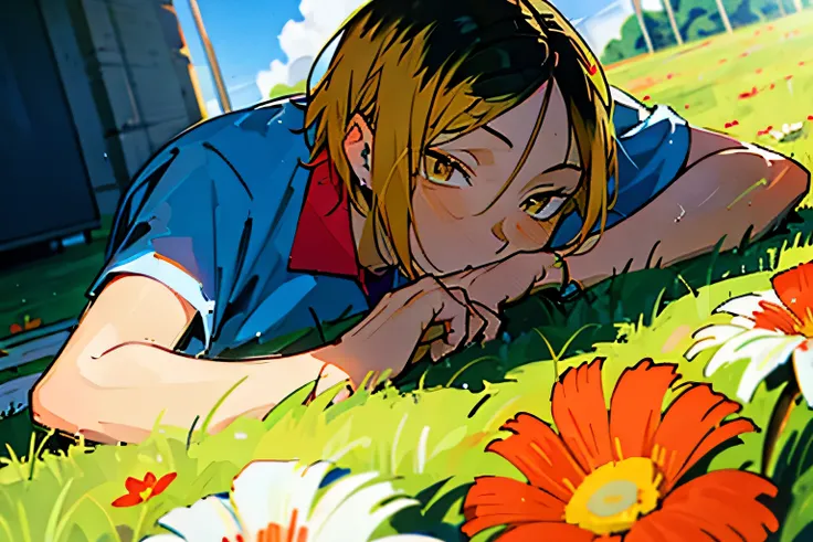 kozume kenma,lying on floor,looking at viewer,grass,sunny day, blue sky, clouds, flowers