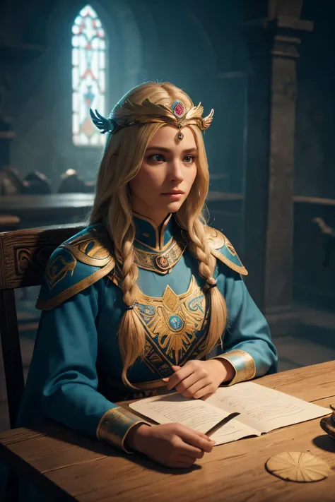 Sits at the table, blond hair, Mesoamerican girl, priestess, valkyrie style, light blue cassock with blond embroidery, winged helmet on the head, scroll at the table with luminous runes, scandinavian, atmospheric scenery of the Game of Throne, masterfully ...