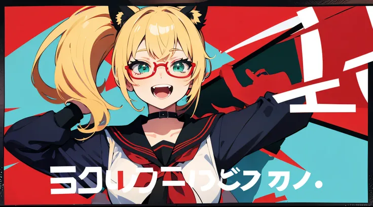  anime style, Blonde schoolgirl, Side Pony,  is laughing, There is 1 person on the screen,  wearing sailor suits,  with red glasses, with black cat ears , Vtuber thumbnail image, The background is solid green 