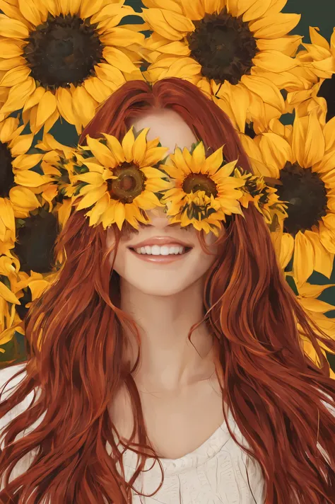 Long Hair, Wavy Hair, Red Hair, Simple background, Abstract, 1girl, sunflowers covering eyes