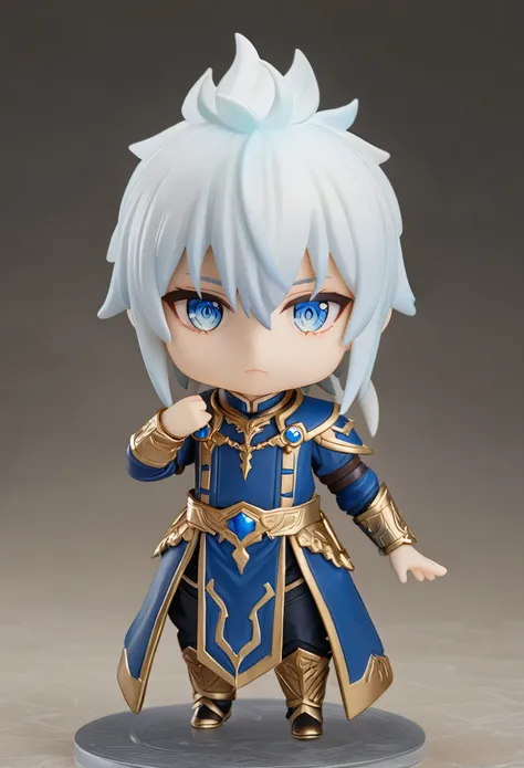 (( best quality )), (( ultra-detailed )), simple background,  full body, fantasy, chibi, boy with white mullet hair and blue eye...