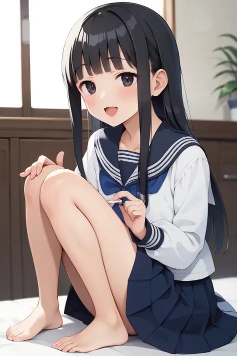   score_9,   score_8_up,   score_7_up,   score_6_up, Anime BREAK，nsfw，(Detailed Biography   :1.2)，   Fisheye Lens   ，   very young and cute girl ， short，  toddler figure ， flat chested，  Thin Thighs ，{ best quality}, {Very beautiful},{ Ultra-fine},{  best illustration },  black hair,hime cut,Long Hair, had,,  excited face  ，  female middle school student，Long sleeve sailor suit， skirt，裸feet，Bare legs，slender，feet， skirtをめくる，the above，  blushing，Sulky face，   are embarrassing  , Playful gestures  ，