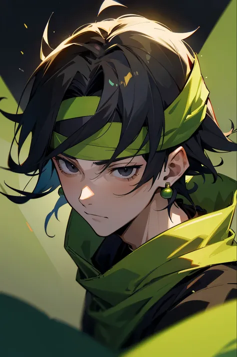 young adult, , male, black shadows hair, netural expression, black eyes, green headband, earings.