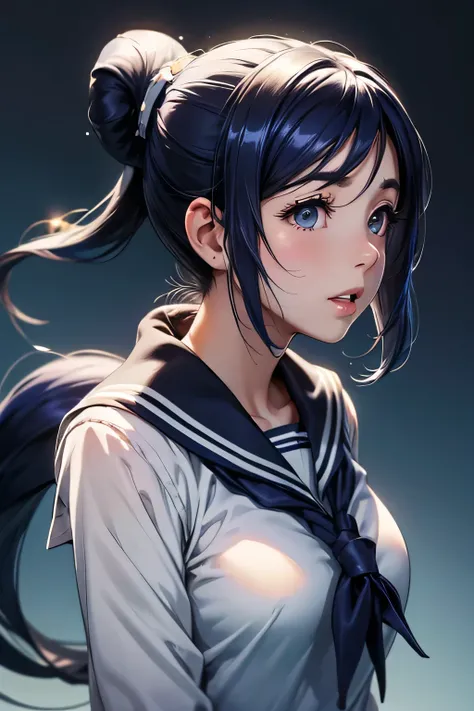  perfect anatomy　 best quality, highest resolution,(((white shiny sailor uniform　 blue hair　 ponytail)))　Love Live!！Sunshine!!　Matsuura Kanan 