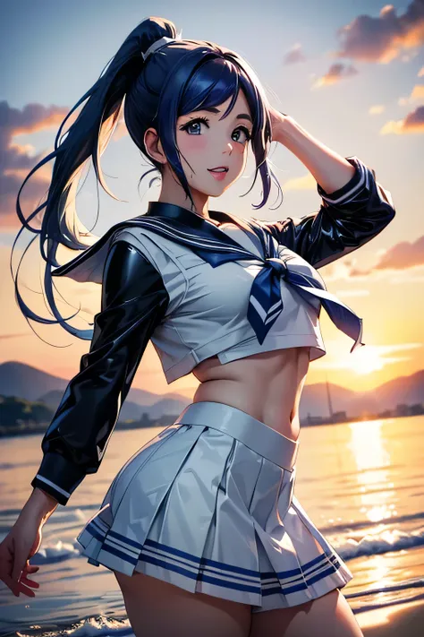  perfect anatomy　 best quality, highest resolution,(((white latex sailor uniform　 blue hair　 ponytail)))　Love Live!！Sunshine!!　Matsuura Kanan 