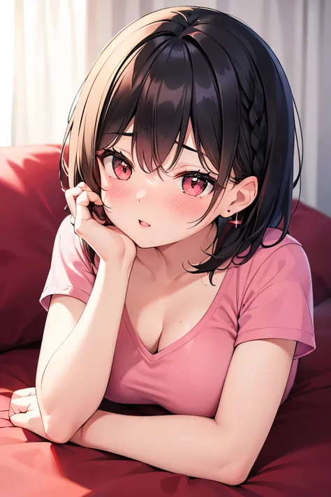 High Resolution, Accurate, Anatomically Correct, Best Quality, Detail, HD, High Details, High Quality, Super Detailed, Textured Skin, Short Hair, Black Hair, Braid, Breasts, Earrings, Blush, Parted Lips, Makeup, Nose Blush, Heavy Breathing, Light Blush, Gl...