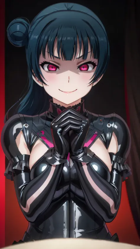 night、lovelive Black Background、Evil background、、Sensual dark light、A shiny black rubber suit that wraps around the body、tall、Upper Body、adult、、Alone、Navy blue hair twin tail drill Volumie、Upper Body、Evil female warrior、Fantasy、Condescending smile、Fallen i...