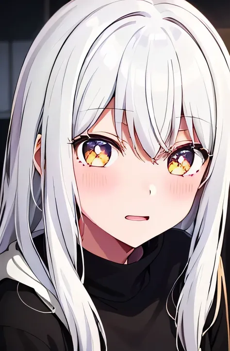 Yukino, best quality, white hair, yellow eyes, wearing a black sweatshirt, cute girl, her expression is solemn, sexy face, she has a cute and expressive face, hard chest, White hair