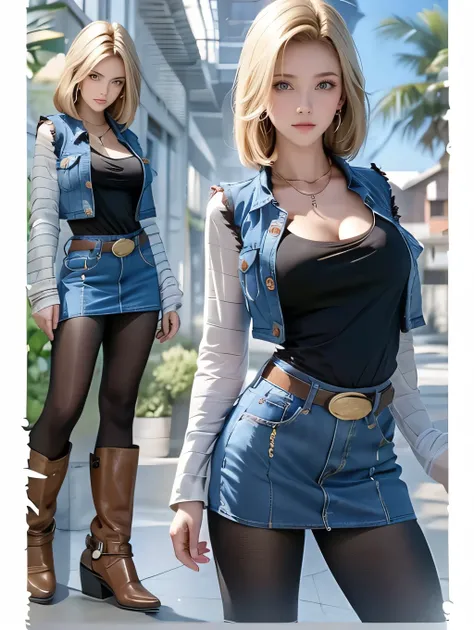 Android 18, Light Blonde hair, Medium hair shaggy cut for women, Blue Transparent eyes of Slavic Caucasians, She has sexy double eyelids above and below her eyes, The flash in the eyeballs is brilliant, She is not wearing any jewelry such as a necklace aro...