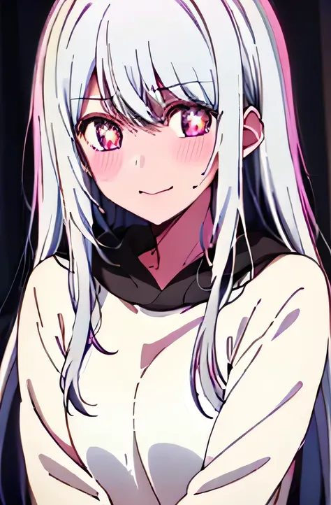 Yukino, The best quality,  white hair,  Yellow Eyes , in a black sweatshirt, cute girl, His expression is solemn, Cara sexy, She has a cute and expressive face, Hard chest