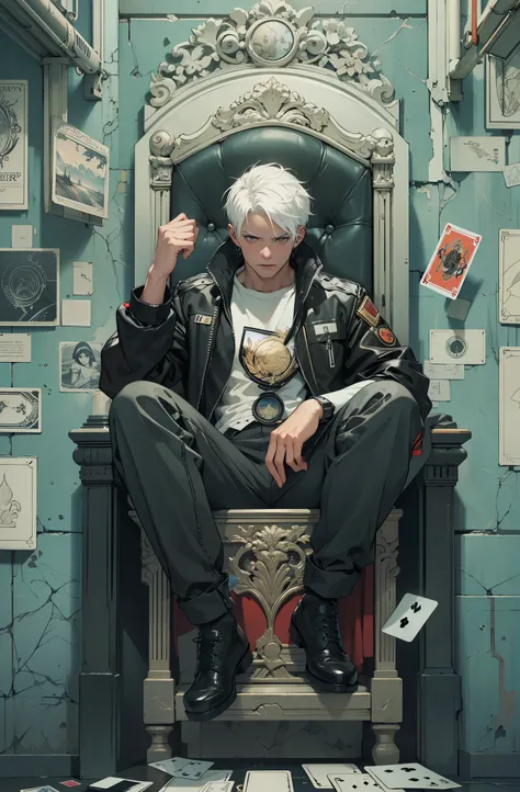 Ultra-detailed，high resolution，Ultra-detailed，Best quality，amazing，quality，intricate details，Extremely detailed CG unified 8k wallpaper，tarot cards，white hair，Draw a male character，wearing the black leather jacket，cyberpunk characters，