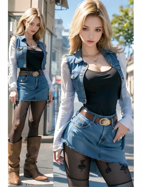 Android 18, Light Blonde hair, Medium hair shaggy cut for women, Blue Transparent eyes of Slavic Caucasians, She has sexy double eyelids above and below her eyes, The flash in the eyeballs is brilliant, She is not wearing any jewelry such as a necklace aro...