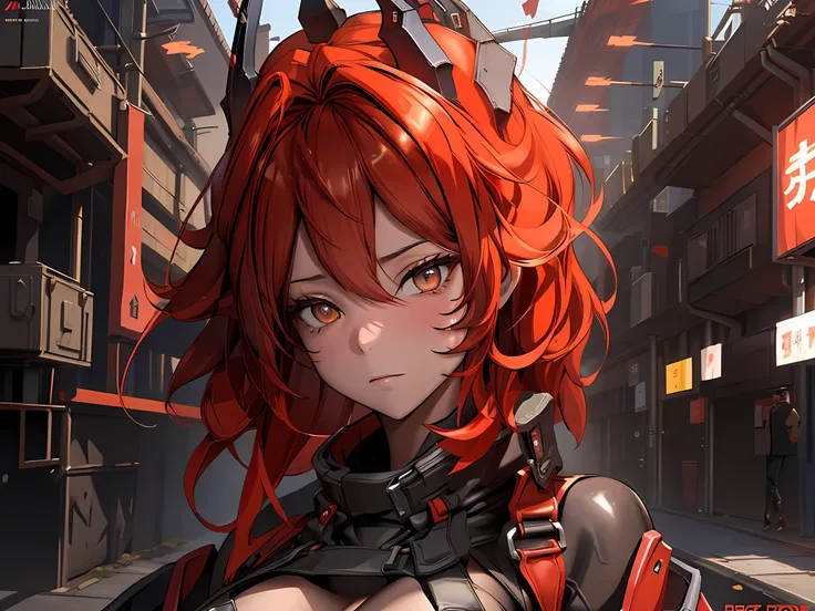 A lone mature girl, Leg long Burning Red hair, , Brown eyes, cat eyes, Beautiful face, masterpiece, best quality, expressive eyes, perfect face, forehead protector, long Black Twin Horn Head Gear, Big Anti-Tank Sniper Rifle, Exposed Navel, Black rubber ski...