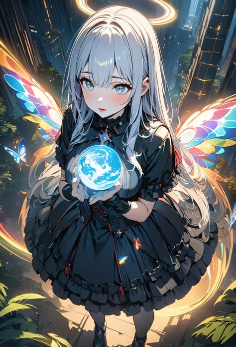 (masterpiece,  best quality :1.2,UHD,High Resolution、Detailed depiction)、A beautiful angel 、Red lipstick、 beautiful eyes、 Silver Hair、Gothic Costume、 is looking at the earth from above the clouds、Skyscraper、 dynamic lighting、Golden Time 、Circle of Light、in...