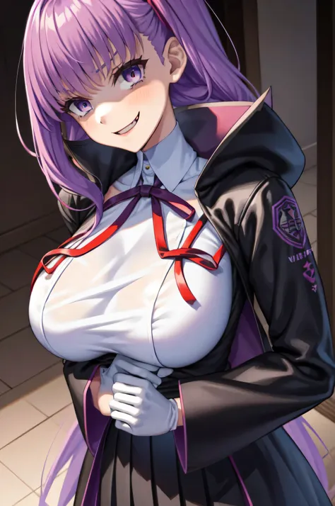 isoscale, mid shot,  night, ,,, purple hair, black jacket, , red ribbon, big breasts, purple eyes, white gloves, long hair, larg...